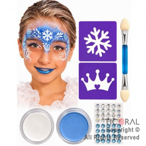 KIT MAQUILLAJE ARTISTICO BLANCO Y CELESTE ( 4 GR) + STENCIL + STRASS + ESFUMINA